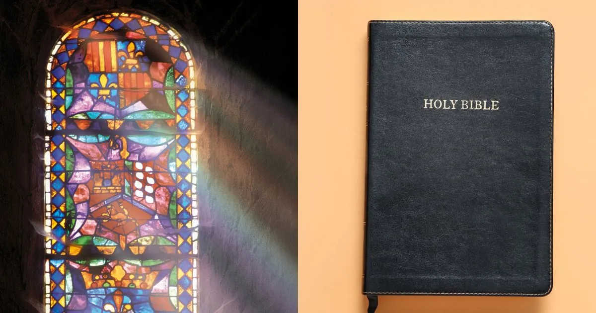 Glassmaleri i et kirkevindu ved siden av en svart bibel med teksten «Holy Bible»