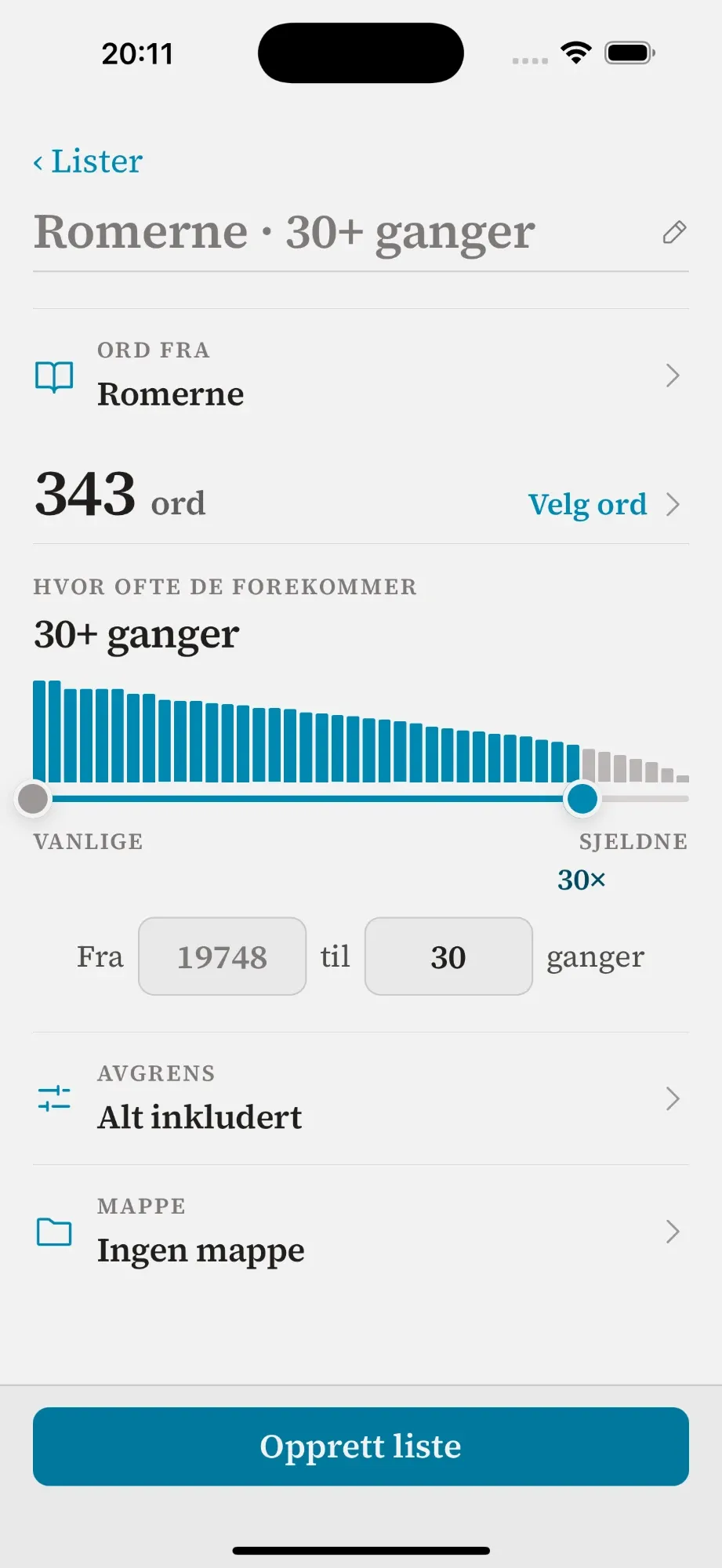 Oppretting av en studieliste med ord fra Romerbrevet som forekommer 30 ganger eller mer.